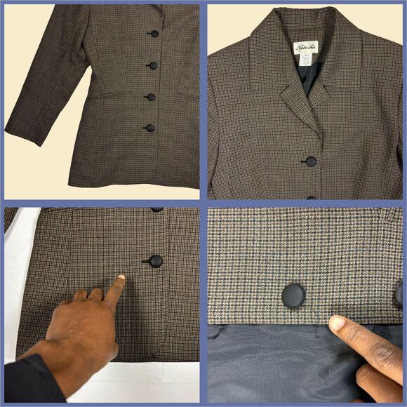 1990s womens blazer jacket, size 8 vintage plaid womens beige/black jacket - Picture 2 of 8